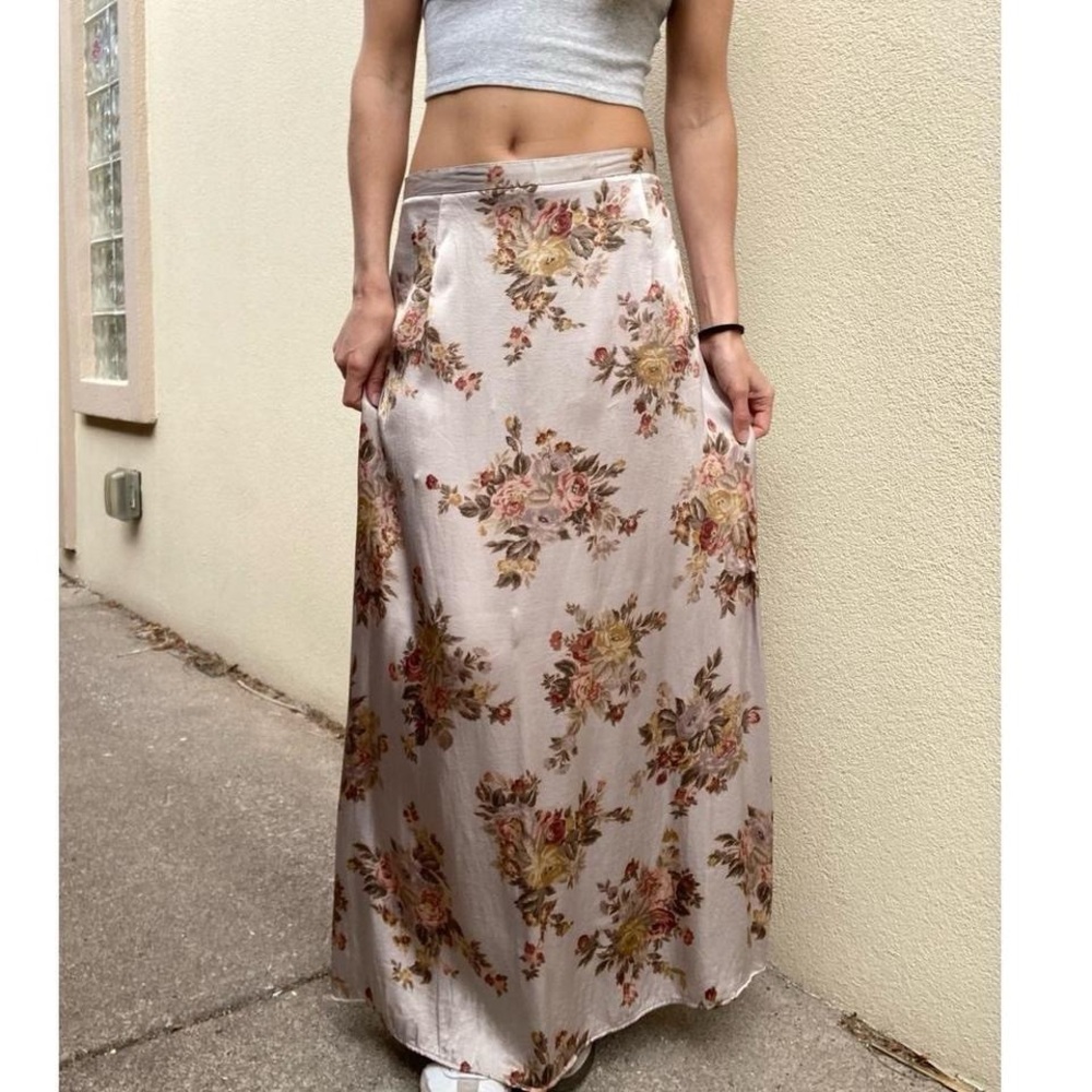 Vintage floral A-line neutral long maxi skirt antique roses
